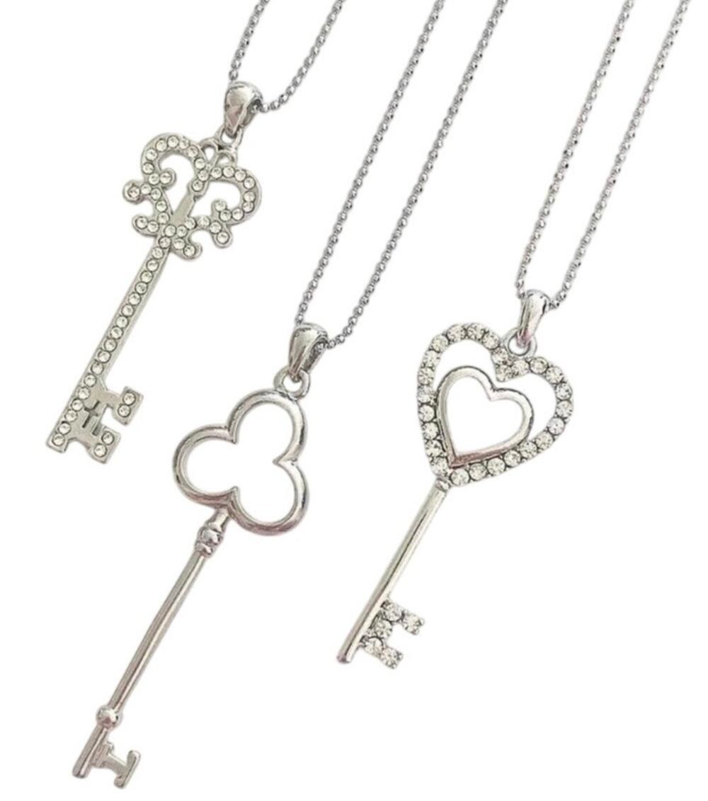 3 Key Crystal Silver Plated Necklaces Pendants Charm Chain NEW Y2K Accessory